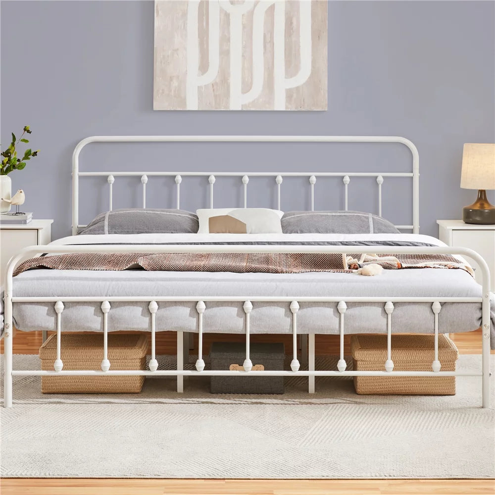 White California King Iron Platform Bed with Headboard and Footboard A367