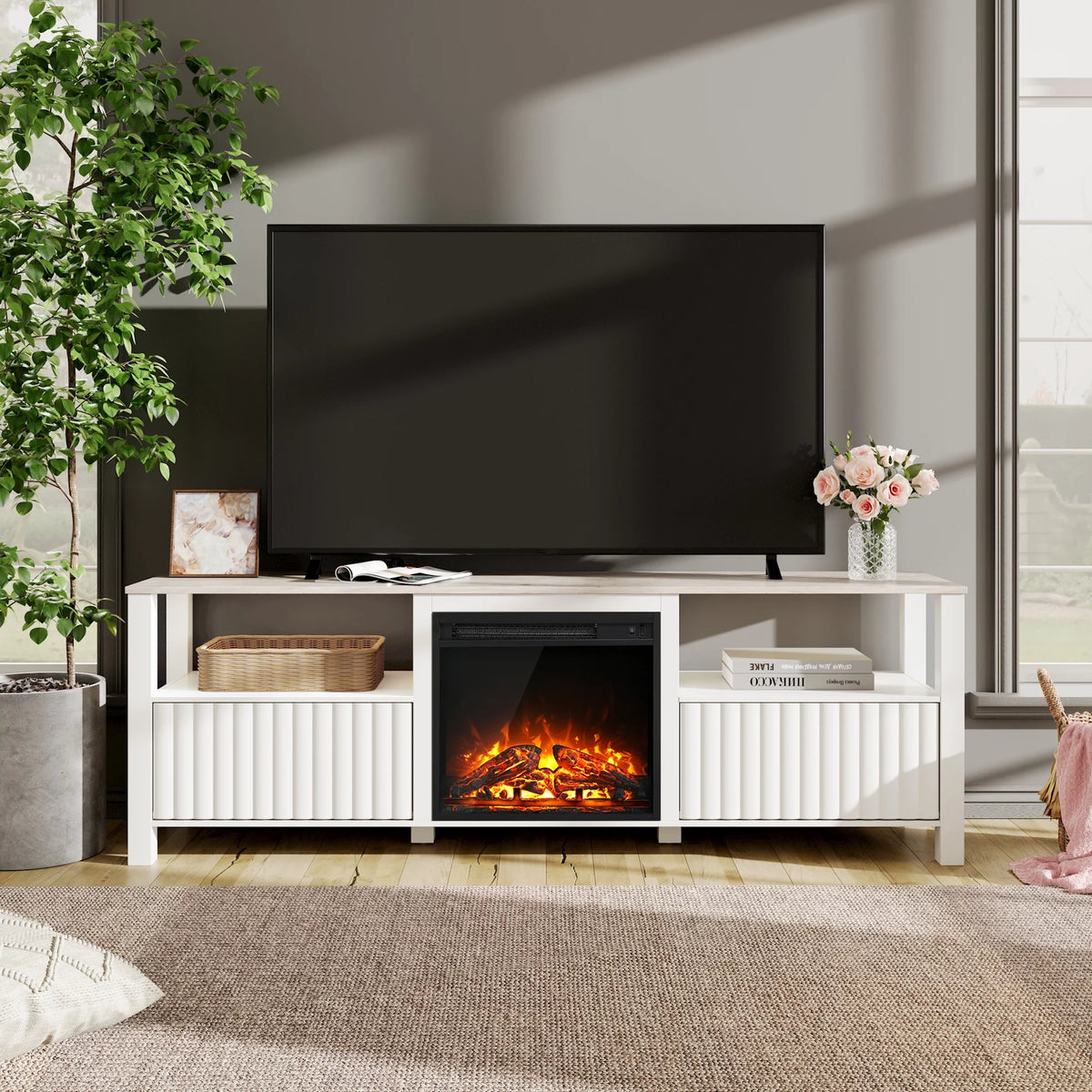 White Electric Fireplace TV Stand up to 80 Inch V788371