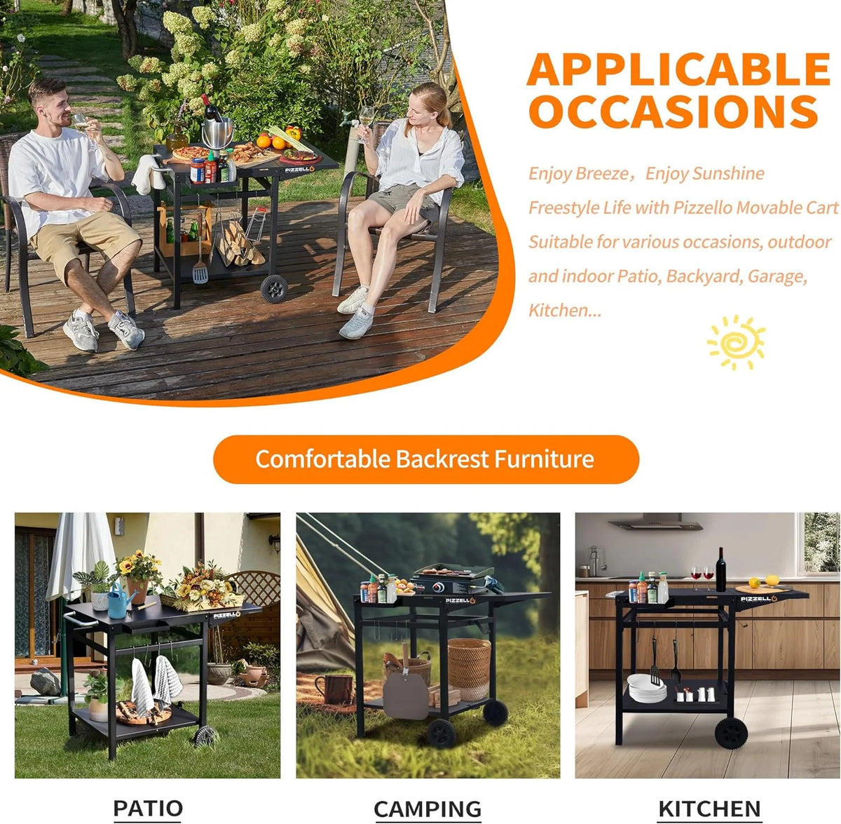 Black Outdoor Pizza Oven Cart with Storage Wheels T94920