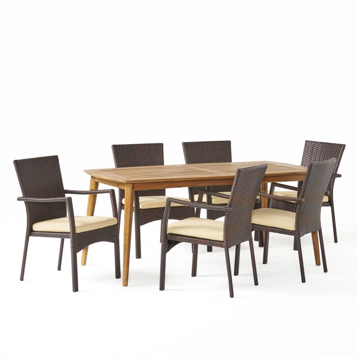 Acacia Wood and Wicker 7 Piece Dining Set with Cushion P3458