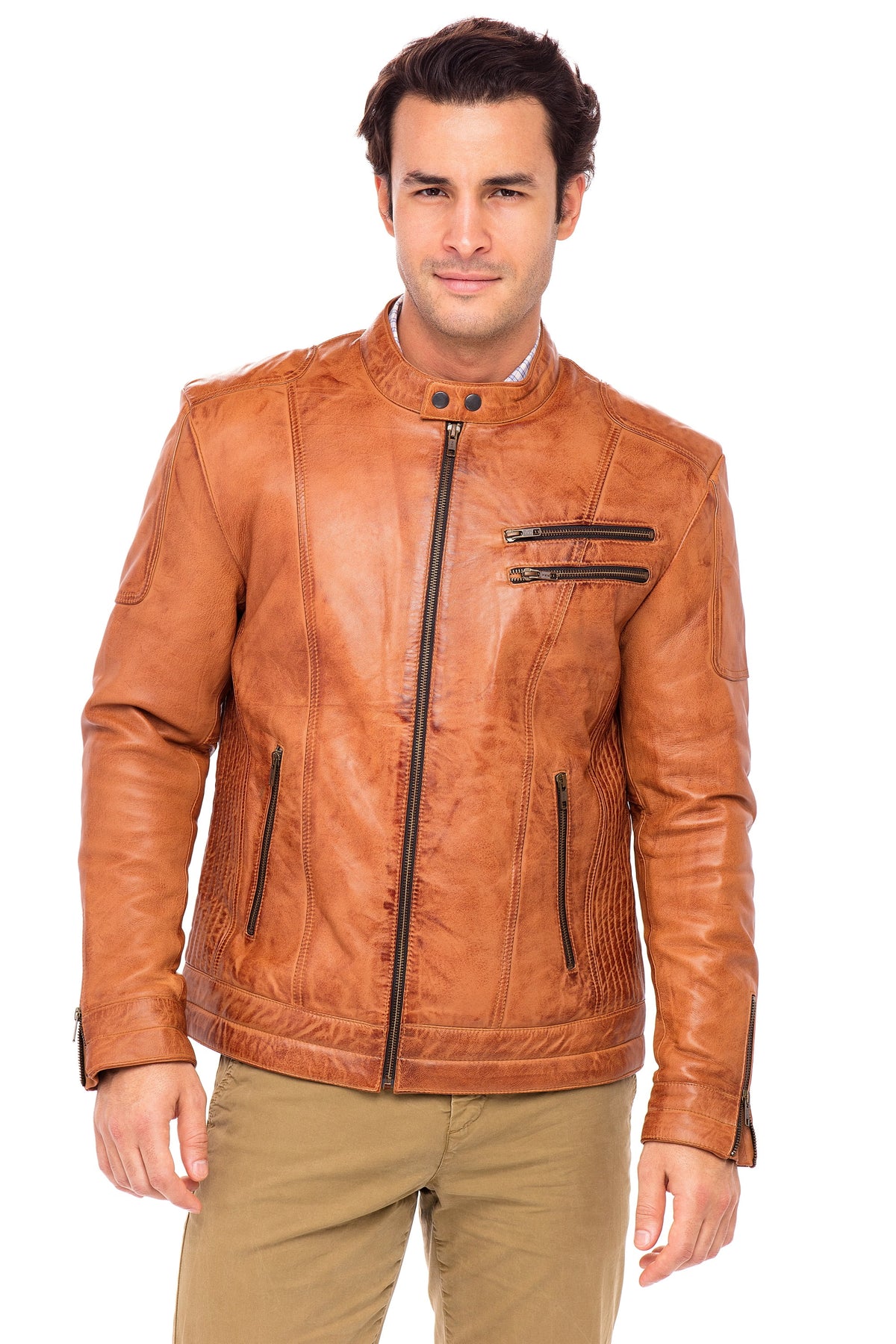 Camel Sheepskin Leather Jacket Size M W251