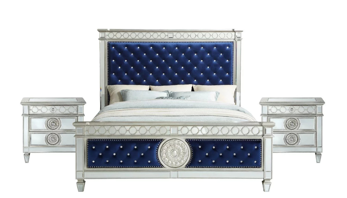 Blue Velvet Mirrored Eastern King Bed Bedroom Set K539