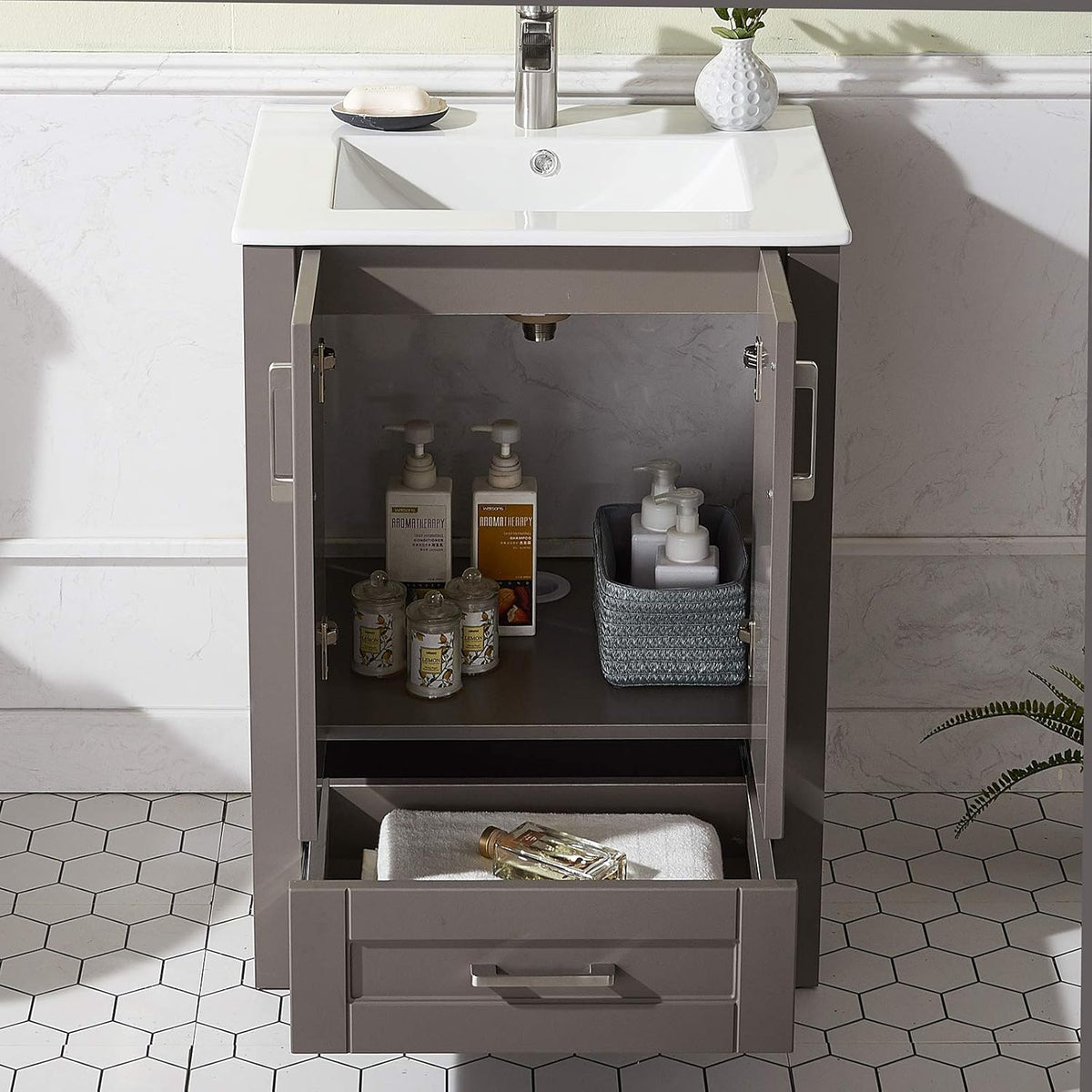 24 Inch Grey Wood Bathroom Vanity with Ceramic Sink O3510