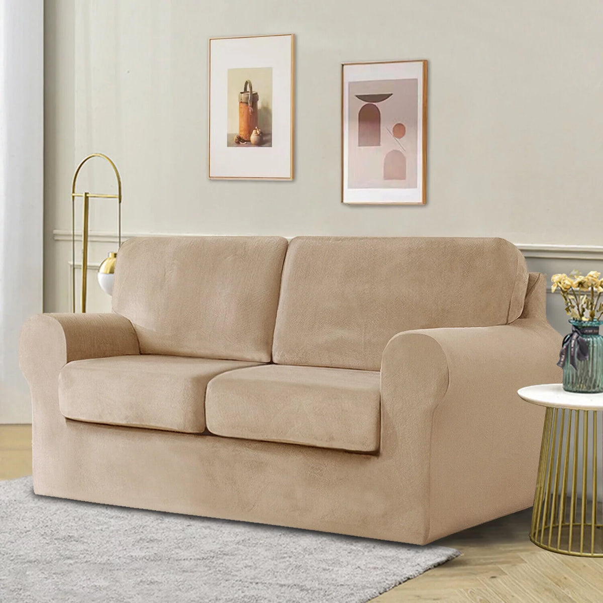 Khaki Velvet 5 Piece Stretch Sofa Cover Q657038