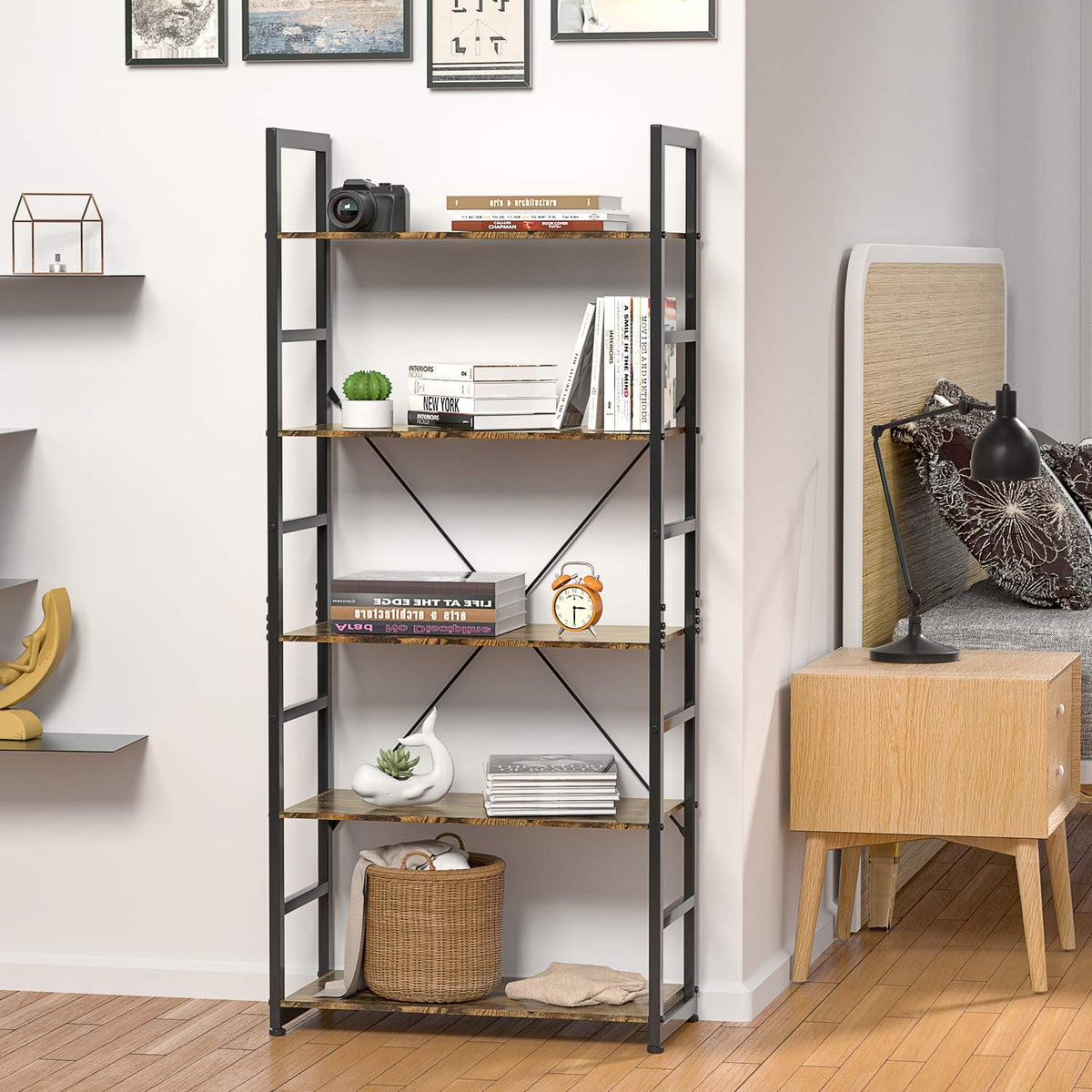 Rustic Brown 5 Tier Wooden and Metal Bookshelf V167