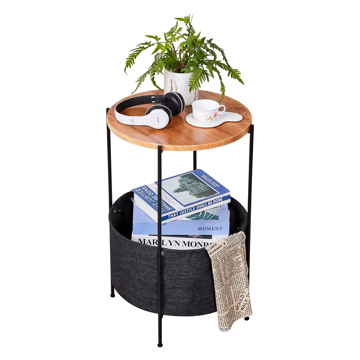 Round Wood Bedside Table with Storage Basket H327