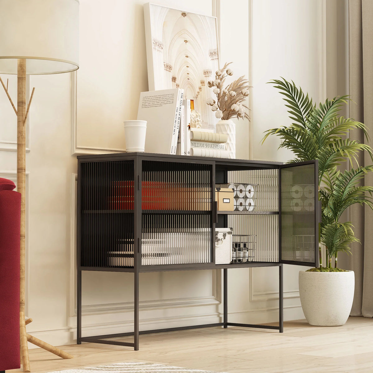 Gray Fluted Glass Sideboard Storage Cabinet Console Table X183