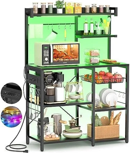 White Bakers Rack with Power Outlet and LED Light Strings B175
