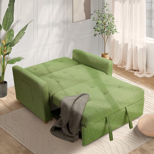 49" 2-Seater Linen Fabric Convertible Sofa Bed with Adjustable Backrest and 2 Pillows Q310