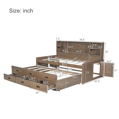 Full Size White Solid Wood Storage Daybed with Trundle Drawers Bookcase Z495424