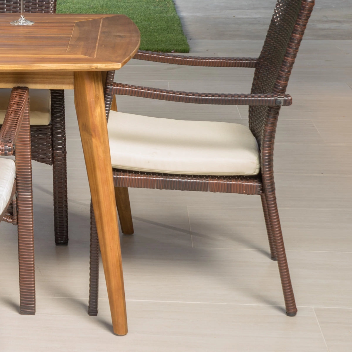 Acacia Wood and Wicker 7 Piece Dining Set with Cushion P3458