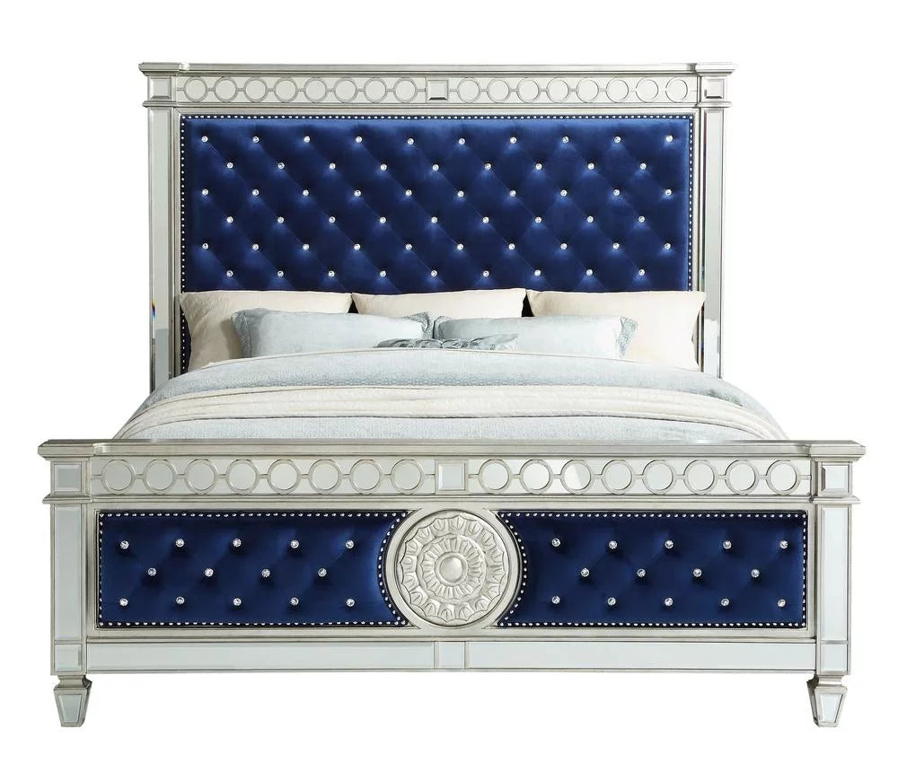 Blue Velvet Mirrored Eastern King Bed Bedroom Set K539