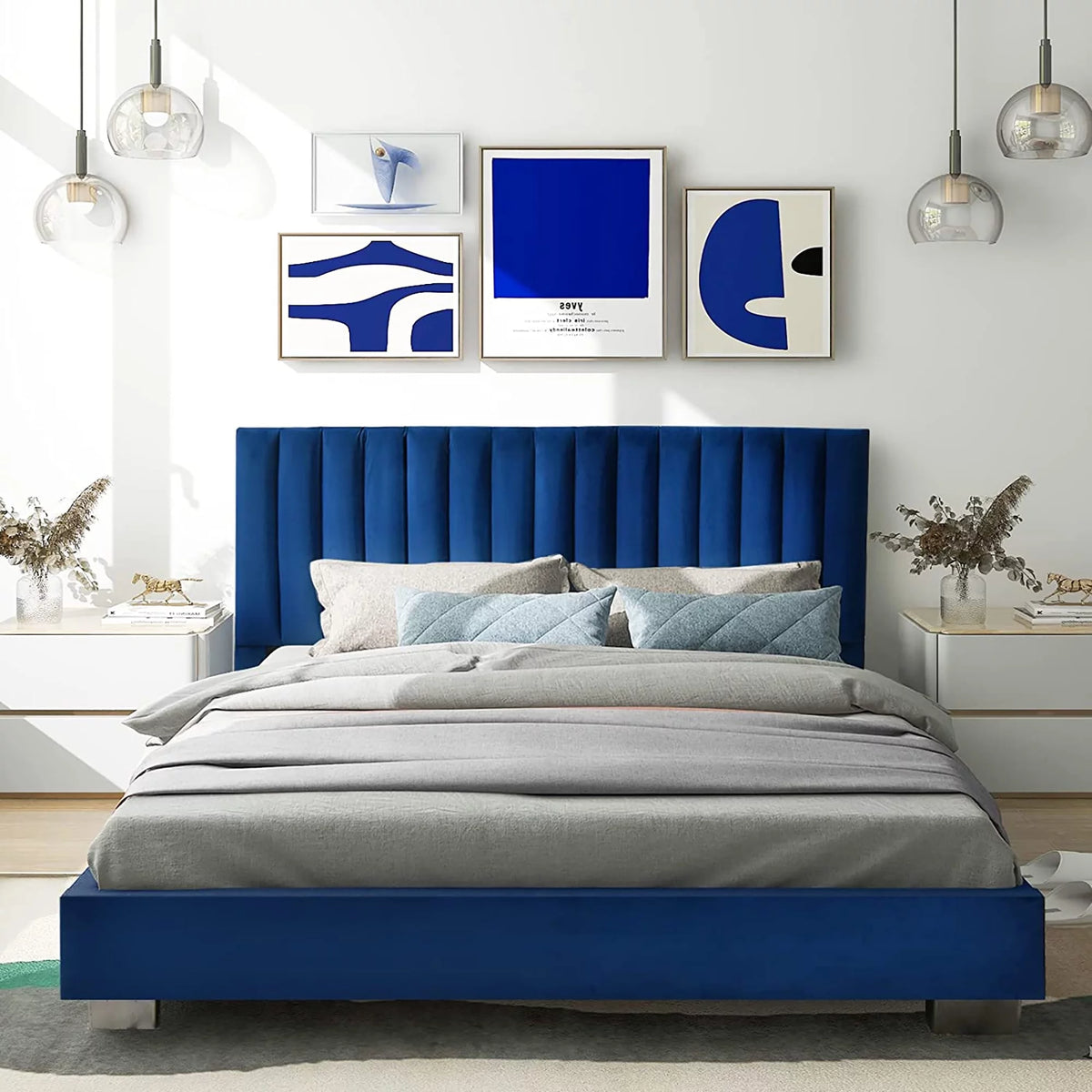 Navy Upholstered Full Size Platform Bed Frame Y138529
