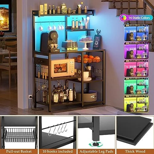 White Bakers Rack with Power Outlet and LED Light Strings B175