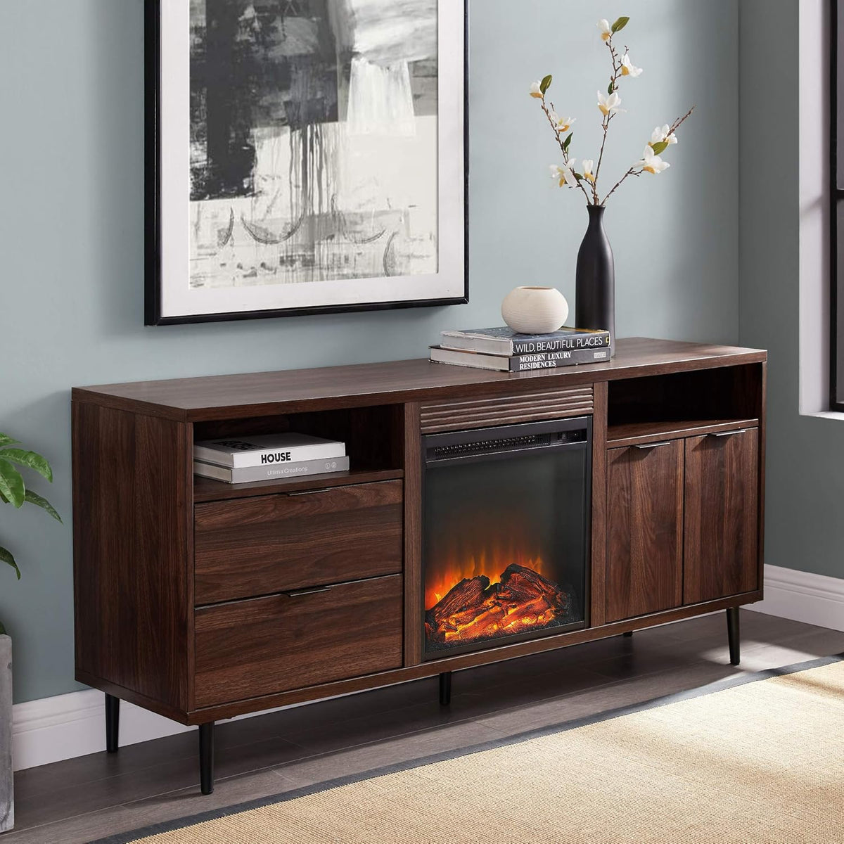 Mid Century Modern Buffet Cabinet, 30 Inch, Dark Walnut V18140