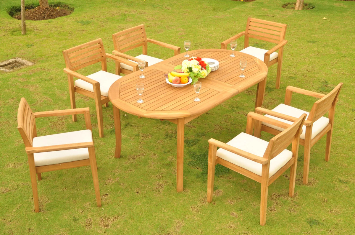 7 Pc Teak Dining Set with 94" Oval Table and 6 Stacking Arm Chairs X418939