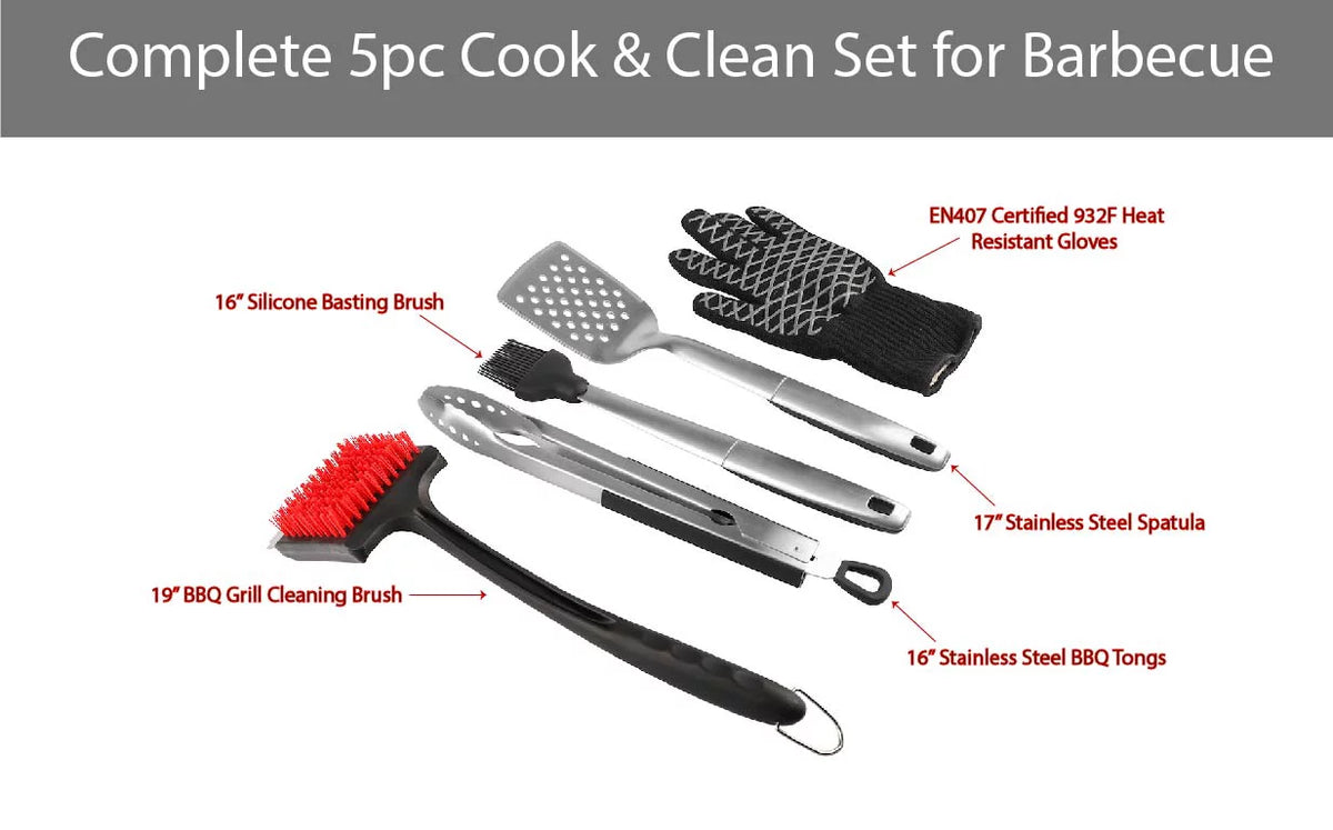 5 Pc BBQ Grill Set with Tongs Spatula Basting Brush Cleaning Brush and Heat Gloves U884