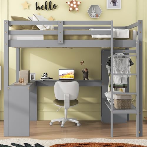 White Full Size Wood Loft Bed with Desk and Wardrobe B505189
