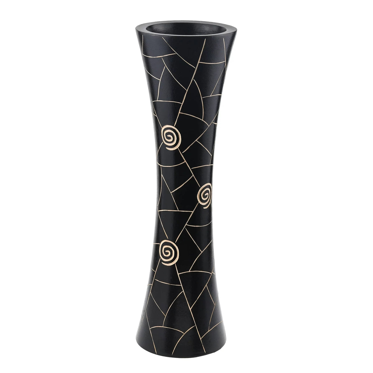 Black Golden Geometric Etch Natural Mango Tree Wood Concaving Vase Z3804