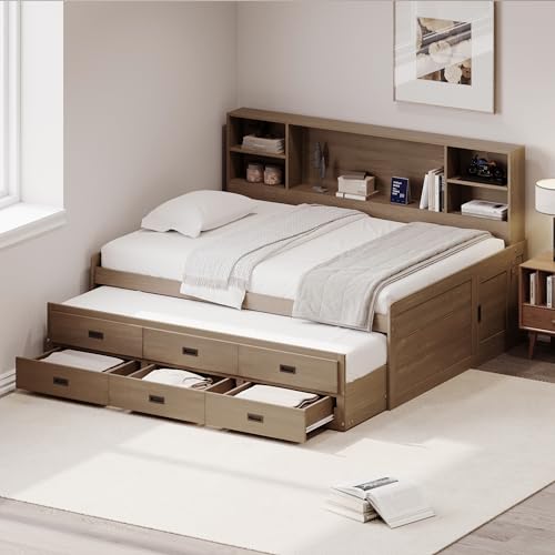 Full Size White Solid Wood Storage Daybed with Trundle Drawers Bookcase Z495424
