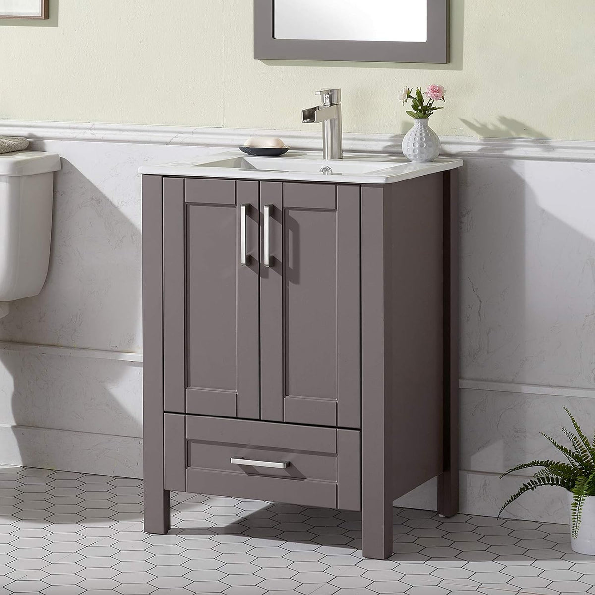 24 Inch Grey Wood Bathroom Vanity with Ceramic Sink O3510