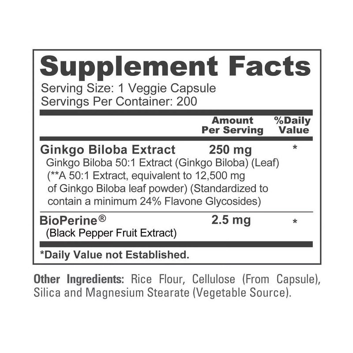 Ginkgo Biloba Extract 12,500mg Vegetarian Capsules 200 Ct Non-GMO Gluten-Free A152