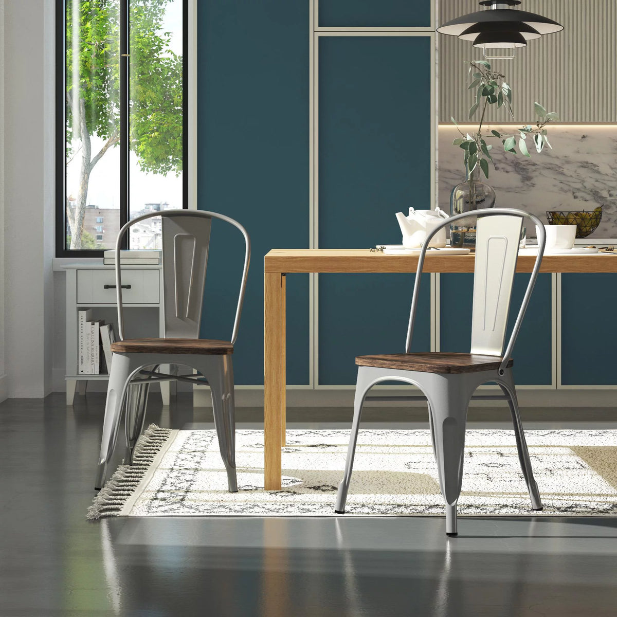 Stackable Metal Dining Chair with Wood Seat, Silver, Set of 2 P9460