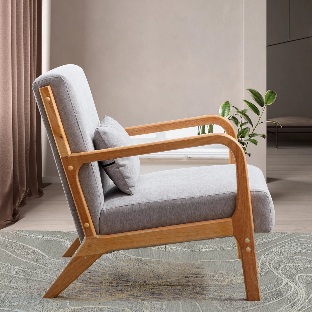 Beige Fabric Accent Armchair with Wood Frame Y34103
