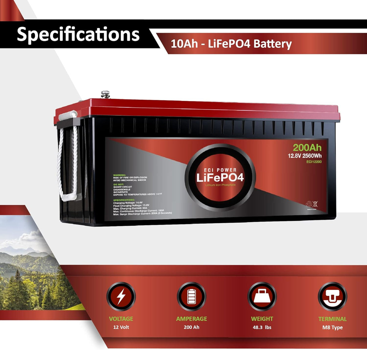 12V 200Ah Lithium LiFePO4 Deep Cycle Rechargeable Battery J1331