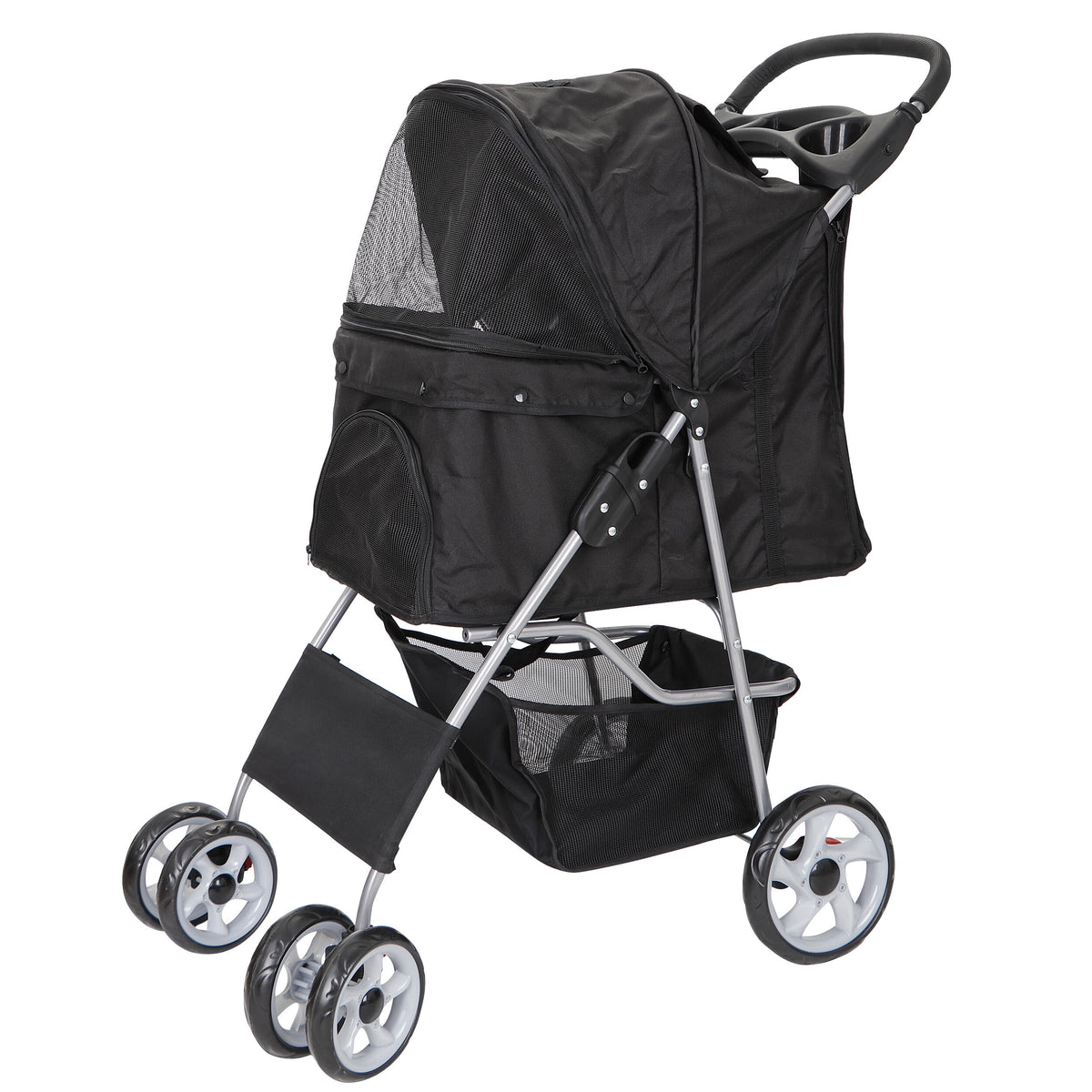 4 Wheel Foldable Pet Stroller with Storage Basket & Cup Holder G822425