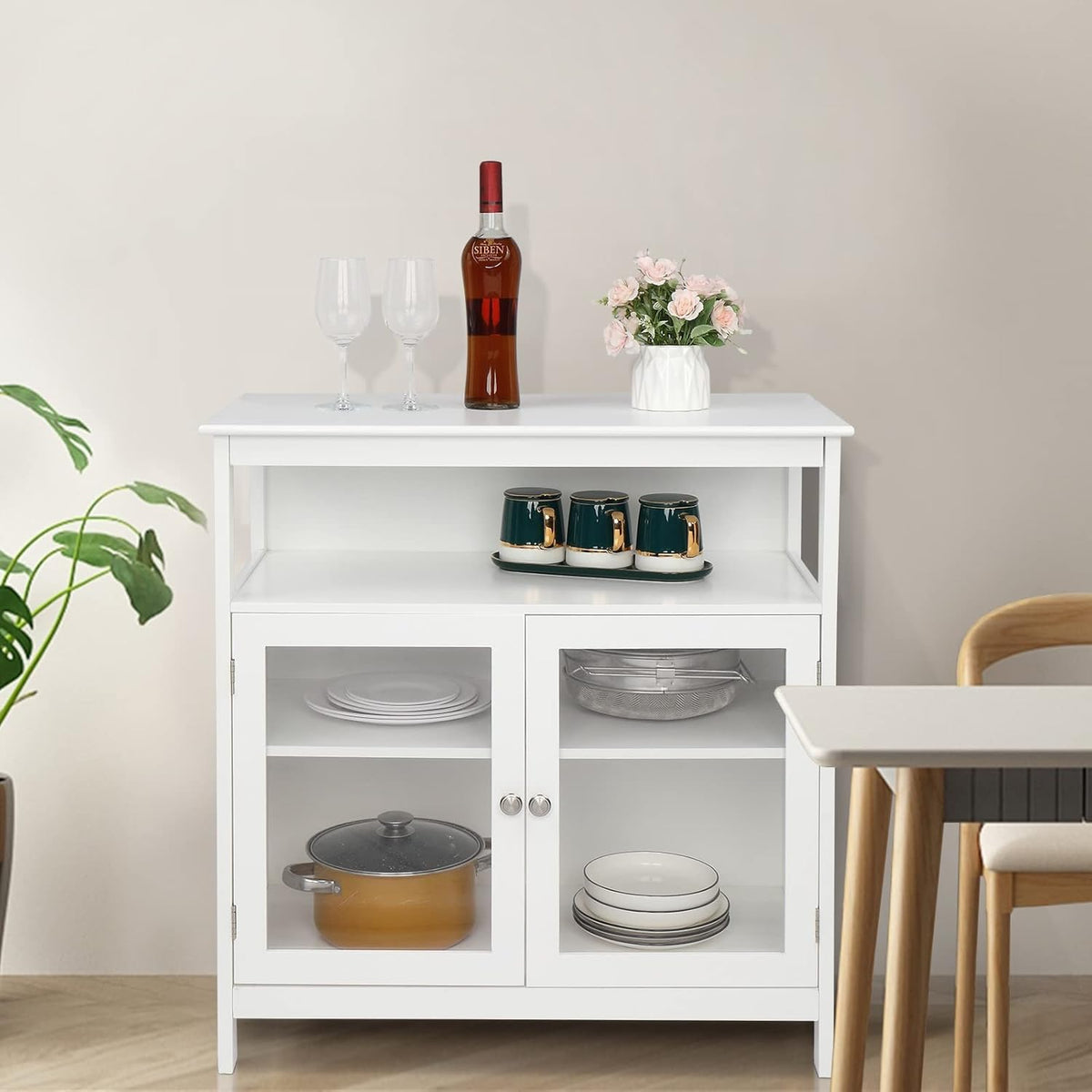 White Kitchen Storage Sideboard Cabinet with Open Shelf and 2 Glass Door Cabinet Q2427