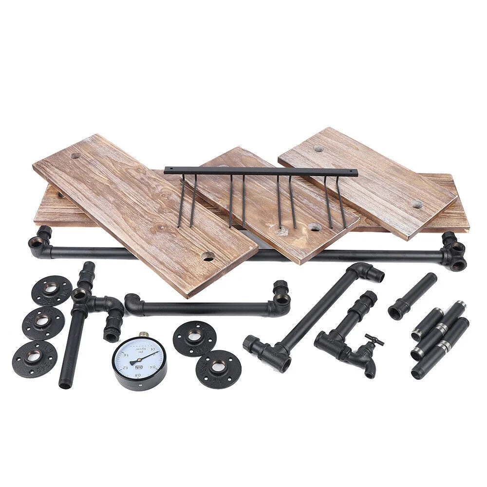 Industrial Pipe Shelving Wine Rack Wall Mount 4 Bottle Holder Bookshelf with 4 Stem Glass Holder B256
