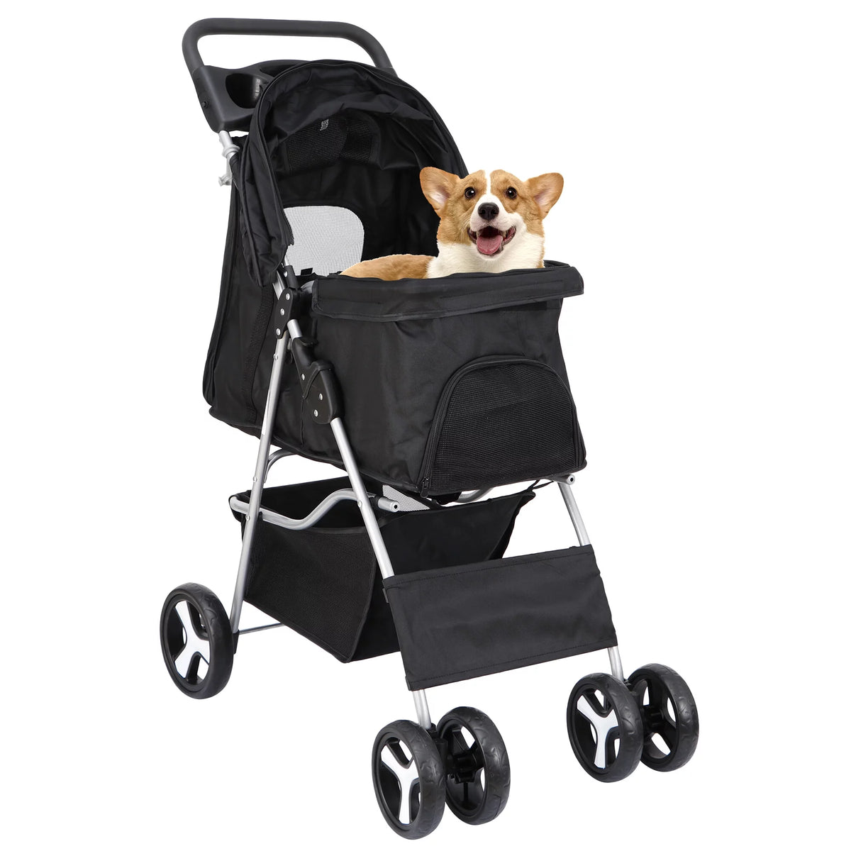4 Wheel Foldable Pet Stroller with Storage Basket & Cup Holder G822425
