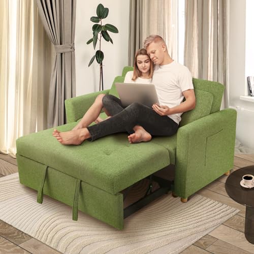 49" 2-Seater Linen Fabric Convertible Sofa Bed with Adjustable Backrest and 2 Pillows Q310