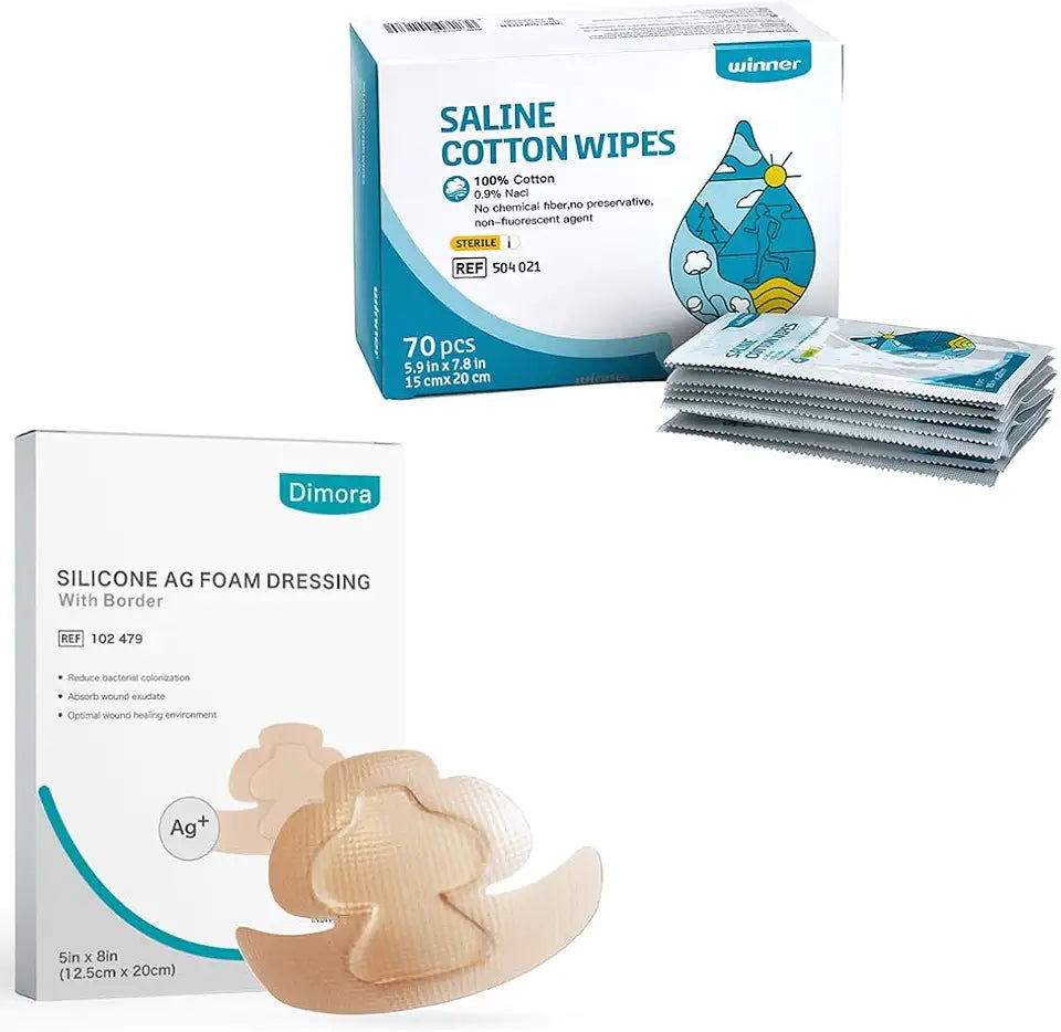 Sterile Saline Wipes 70 Count + Silicone Foam Dressing 5 Pack I33514