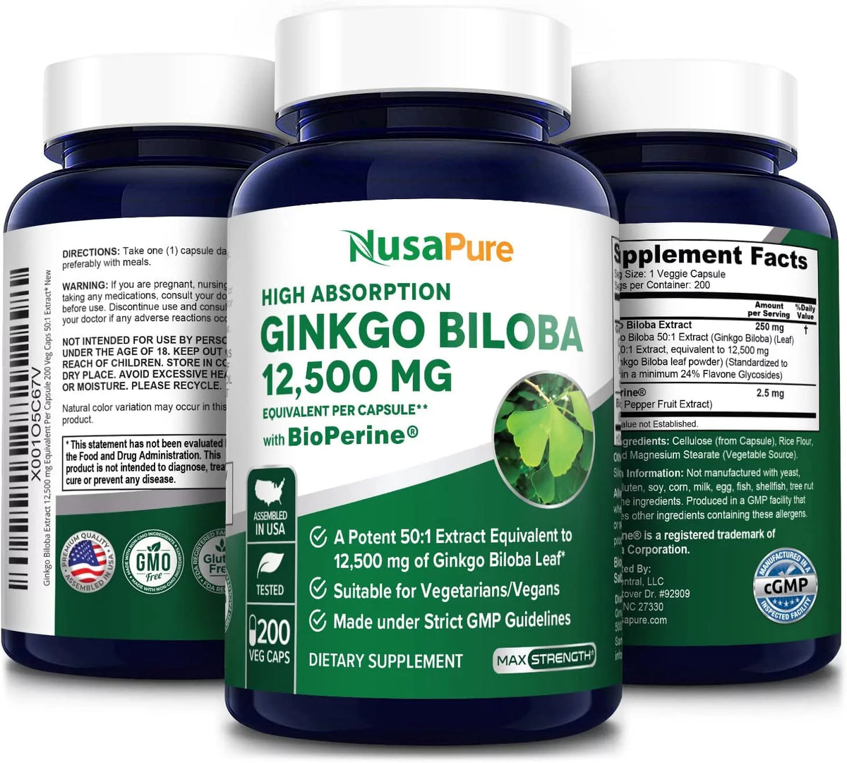 Ginkgo Biloba Extract 12,500mg Vegetarian Capsules 200 Ct Non-GMO Gluten-Free A152