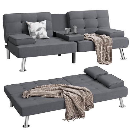 Black Linen Upholstered Convertible Folding Futon Sofa Bed with Removable Armrests, Metal Legs, 2 Cup Holders L431