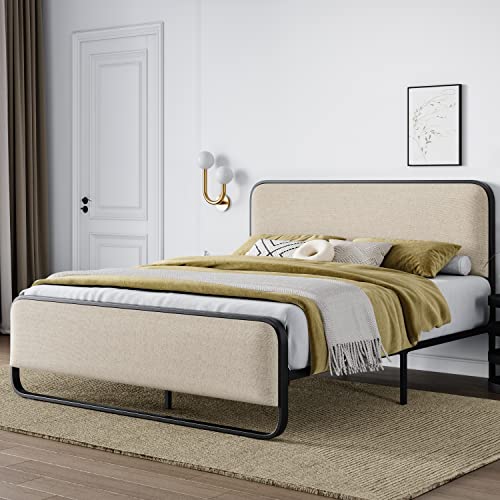 Queen Size Metal Platform Bed Frame with Upholstered Headboard and Footboard B11390