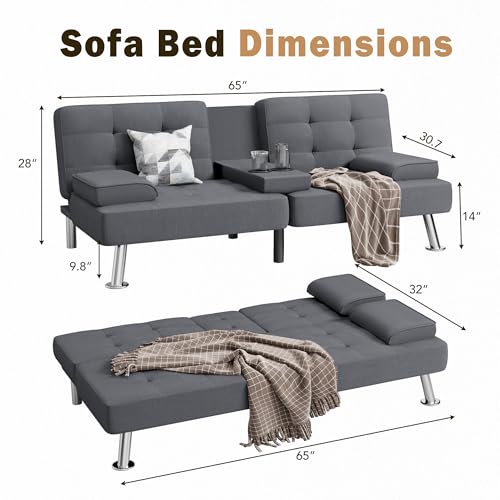 Black Linen Upholstered Convertible Folding Futon Sofa Bed with Removable Armrests, Metal Legs, 2 Cup Holders L431
