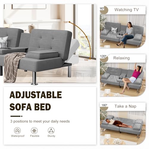 Black Linen Upholstered Convertible Folding Futon Sofa Bed with Removable Armrests, Metal Legs, 2 Cup Holders L431
