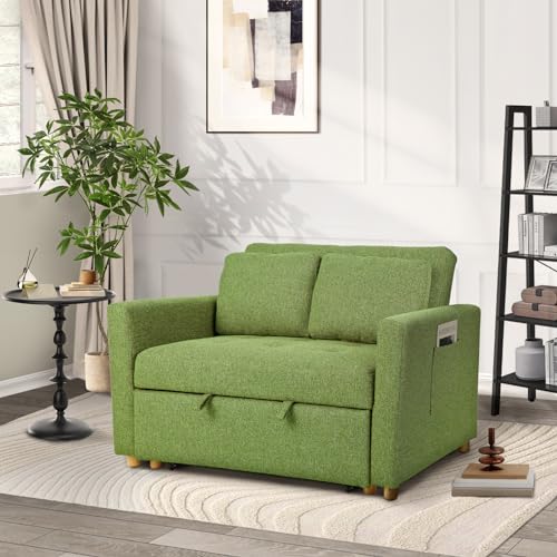 49" 2-Seater Linen Fabric Convertible Sofa Bed with Adjustable Backrest and 2 Pillows Q310