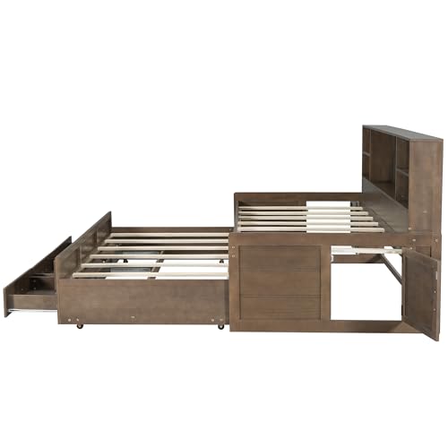 Full Size White Solid Wood Storage Daybed with Trundle Drawers Bookcase Z495424