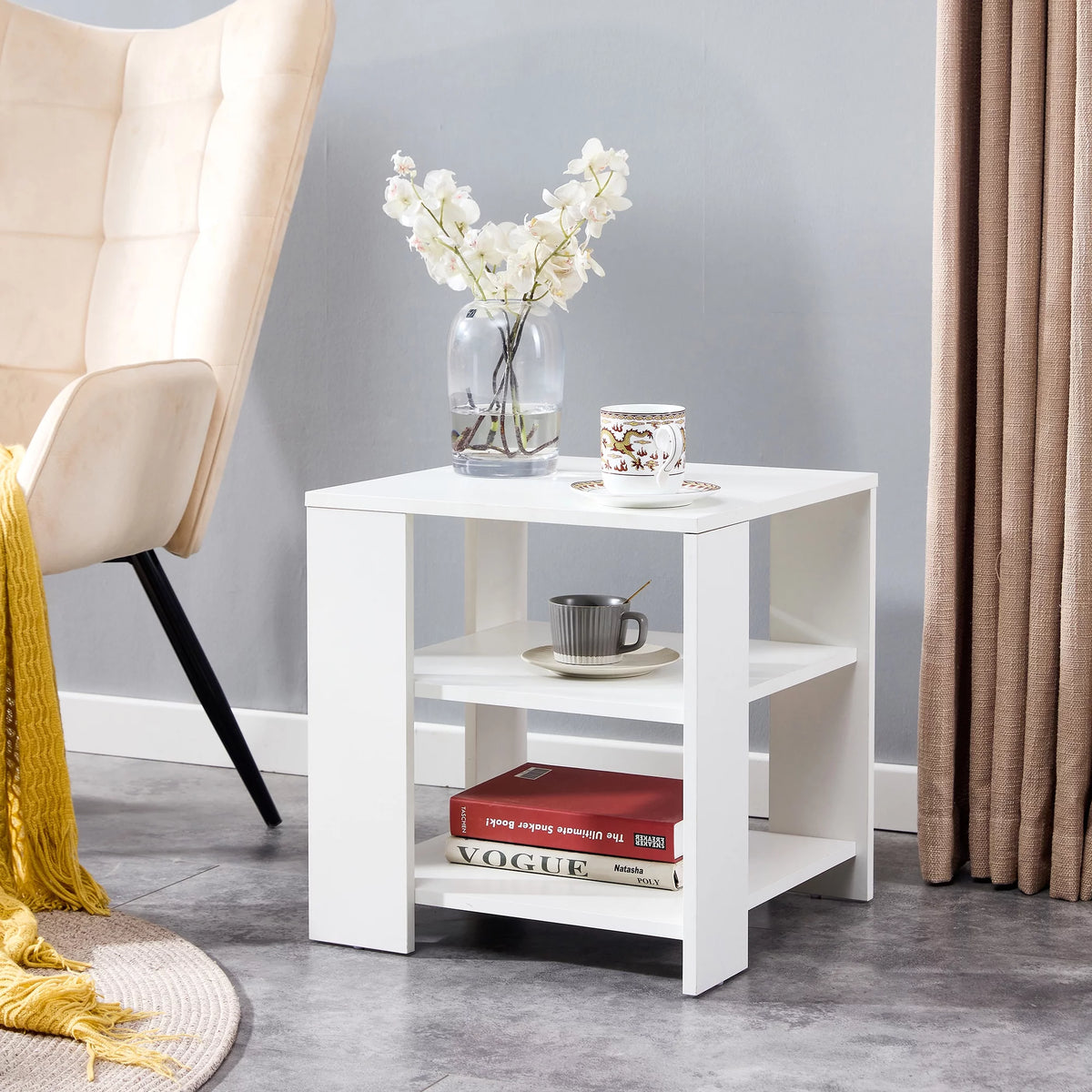 White 3-Tier Square Wood Side Table F413