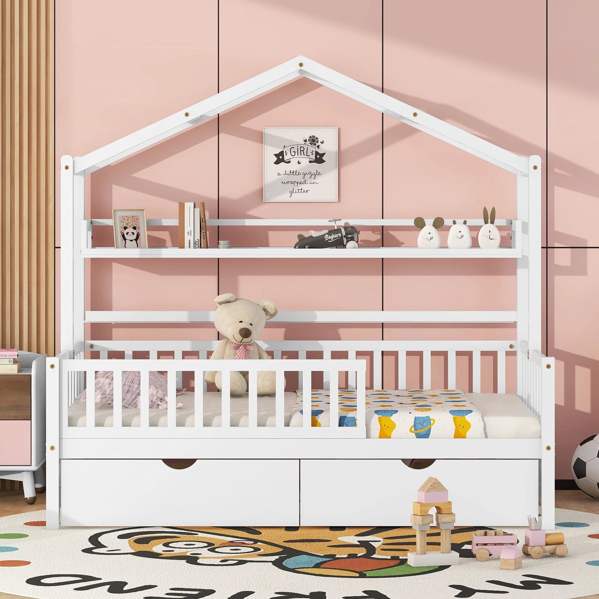 White Twin Size Wood House Bed with Storage Drawers L955031