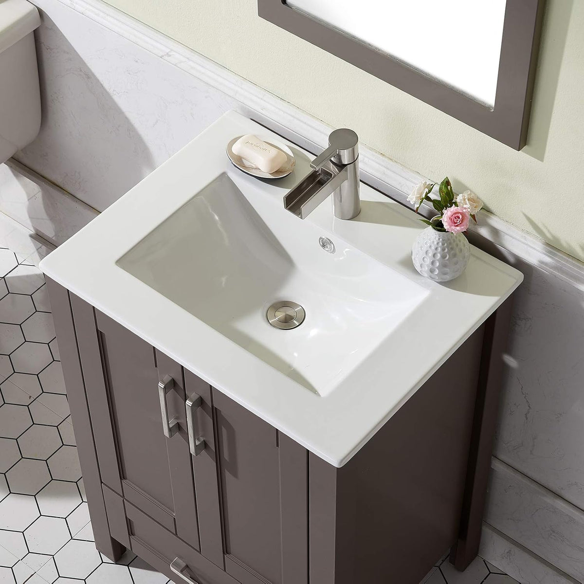 24 Inch Grey Wood Bathroom Vanity with Ceramic Sink O3510