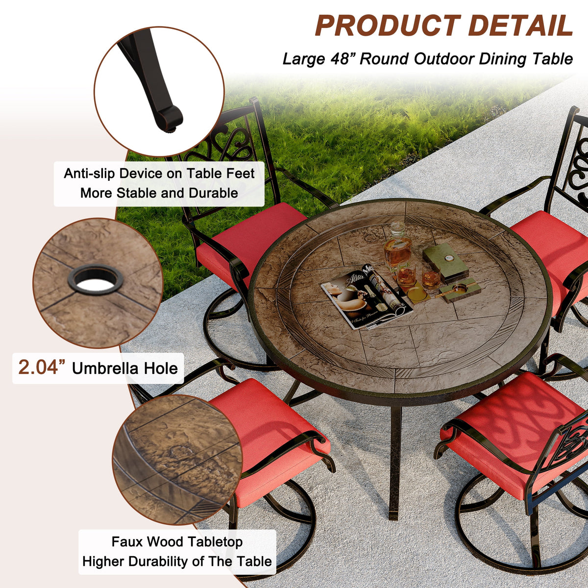 48" Cast Aluminum Round Patio Dining Table with Umbrella Hole Q1820