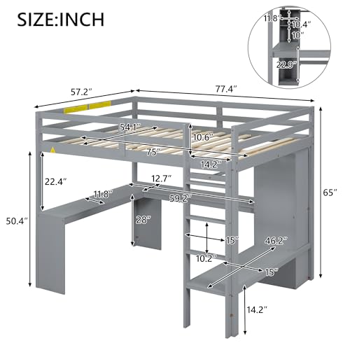 White Full Size Wood Loft Bed with Desk and Wardrobe B505189