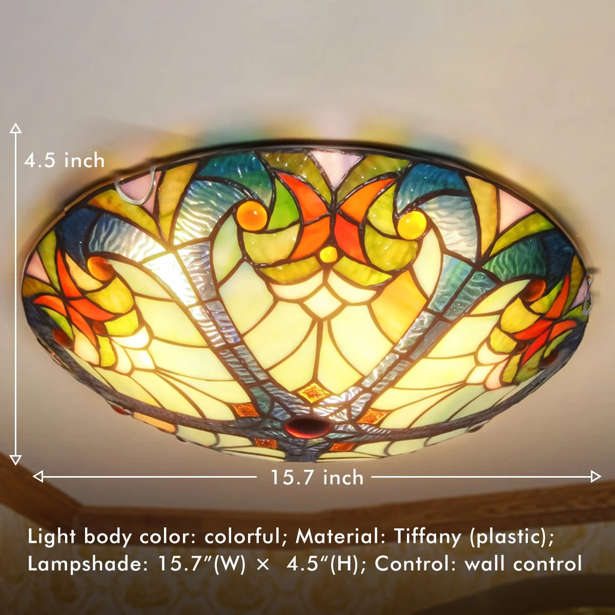 Flush Mount Ceiling Light LED Ceiling Lamp with Tiffany Glass Shade, 3 Light Pendant Light 16" V9134