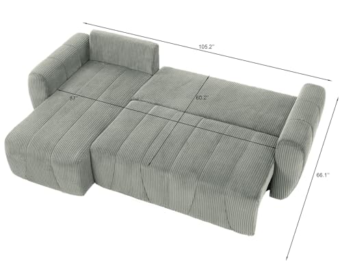 Modular Sectional Sleeper Sofa with Storage, Convertible 3 Seat L Shape Couch with Reversible Chaise, Corduroy Sleeper Couch with Pullout Bed (Light Grey) L328