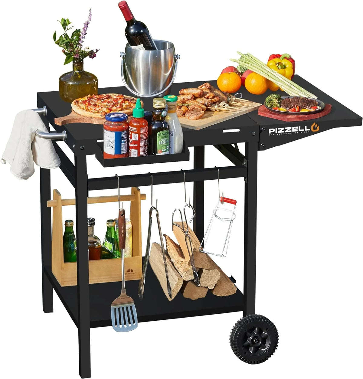 Black Outdoor Pizza Oven Cart with Storage Wheels T94920